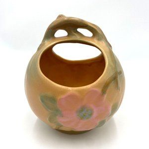 Vintage Weller Pottery Wild Rose Handled Vase Matte Pink Round Basket/Vase